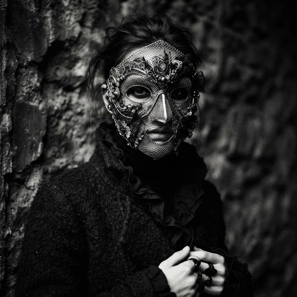 Editorial portrait with textured mesh mask