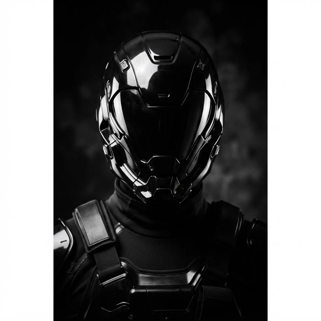 Person in glossy black futuristic helmet