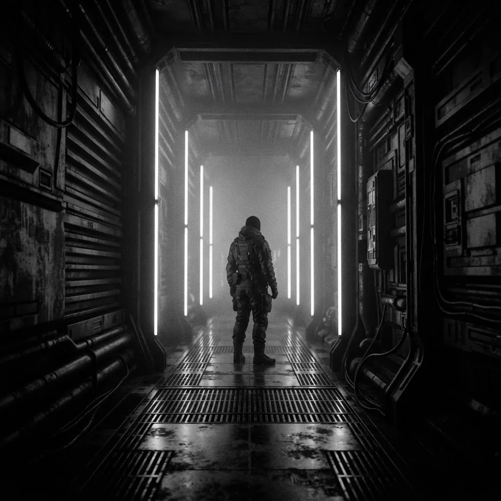 Figure in a foggy futuristic corridor