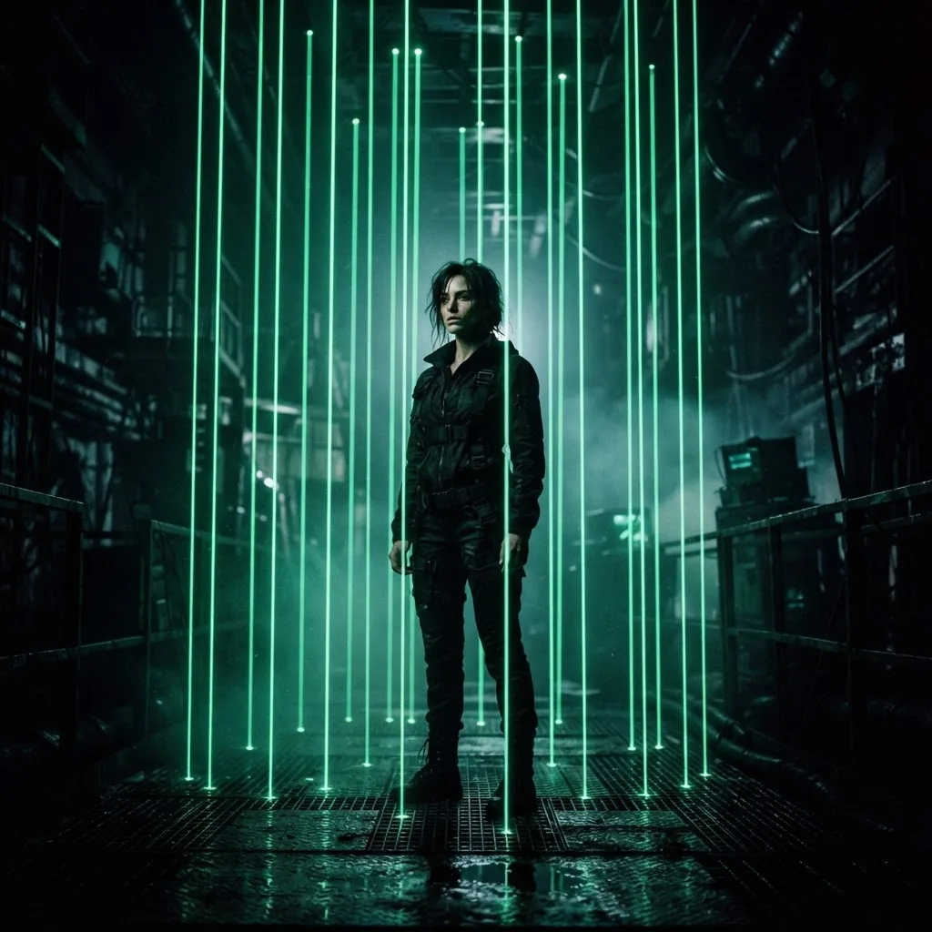 Person amid vertical neon green light beams